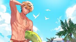  1boy arm_behind_head arm_tattoo armpits beard_stubble bird black_hair blonde_hair blue_eyes clouds commission drawstring earrings em_(05emm) facial_hair fish_hook floral_print flower hawaiian_clothes hibiscus hibiscus_print highres holding indie_virtual_youtuber jewelry konatide lifebuoy male_focus multicolored_hair muscular muscular_male necklace palm_tree red_shorts seagull short_hair shorts skeb_commission sky stubble stud_earrings swim_ring tattoo topless_male tree two-tone_hair 