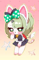  1girl absurdres bow furrification furry green_eyes green_hair hair_ornament heart highres looking_at_viewer open_mouth polka_dot polka_dot_bow solo sunna_(zenless_zone_zero) tail yamisroot zenless_zone_zero 