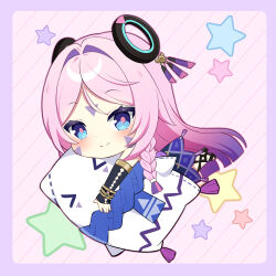  1girl black_gloves blue_eyes blush braid chibi chibi_only citlali_(genshin_impact) citlalin_(genshin_impact) closed_mouth commentary english_commentary facial_mark fingerless_gloves floating_headgear forehead_mark full_body genshin_impact gloves headgear highres kaxukin long_hair looking_at_viewer lying multicolored_hair on_stomach pink_hair pink_pupils purple_hair smile solo triangle triangle_facial_mark very_long_hair 
