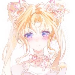  1girl aliu6624 bare_shoulders bead_necklace beads blonde_hair bow bow_in_eye chinese_commentary choker closed_mouth commentary_request cone_hair_bun double_bun dreamtime_bestowed_(infinity_nikki) dress eyelashes hair_between_eyes hair_bow hair_bun hair_ornament hair_over_shoulder hair_ribbon happy heart heart_choker heart_hair_ornament highres infinity_nikki jewelry lace-trimmed_choker lace_trim light_blush long_hair neck_ribbon necklace nikki_(series) parted_bangs pink_bow pink_choker pink_ribbon ribbon simple_background sleeveless sleeveless_dress smile solo spaghetti_strap sprinkles straight-on twintails upper_body very_long_hair violet_eyes wavy_hair white_background white_dress 