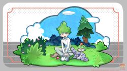  1boy ^_^ amanda-apanda artist_name berry_(pokemon) blue_sky blush brown_bag bush closed_eyes clothed_pokemon clouds commentary covered_eyes day english_commentary full_body grass green_hair grey_jacket grey_pants jacket long_sleeves male_focus no_jacket open_mouth outdoors oversized_jacket pants pecha_berry pine_tree poke_ball poke_ball_(basic) pokemon pokemon_(creature) pokemon_oras ralts shirt shoes short_hair sky smile tree tumblr_username wally_(pokemon) web_address white_shirt white_shoes 