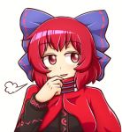  1girl black_shirt bow cape commentary eyebrows eyebrows_visible_through_hair hair_bow hand_on_own_face long_sleeves looking_to_the_side red_eyes redhead sekibanki shirt short_hair simple_background solo touhou upper_body wool_(miwol) 