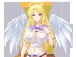  1girl angel angel_wings blonde_hair blush bosei_tenshi_aisias:_owarinaki_haramase_rinkan_no_akumu bracelet breasts cleavage cleavage_cutout detached_collar feathered_wings game_cg halo highres jewelry large_breasts light_smile long_hair looking_at_viewer navel rakujin short_sleeves simple_background smile solo upper_body violet_eyes wings 