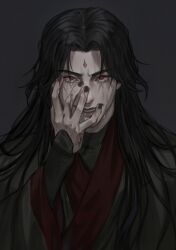  1boy black_background black_hair black_hanfu black_nails blood blood_on_hands chinese_clothes commentary crying crying_with_eyes_open curtained_hair facial_mark forehead_mark hand_on_own_face hanfu highres long_hair long_sleeves looking_at_viewer luo_binghe male_focus omyo_0 open_mouth parted_bangs parted_hair portrait red_eyes renzha_fanpai_zijiu_xitong simple_background smile solo straight-on tears v-shaped_eyebrows wide_sleeves wolf_cut zuiyin 