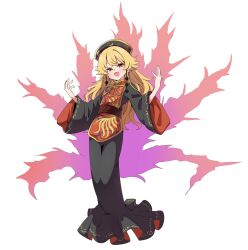  1girl baba_(baba_seimaijo) black_dress black_hat blonde_hair blush chinese_clothes commentary_request dalachi_(headdress) dress energy_tail fox_tail full_body hat highres junko_(touhou) long_hair long_sleeves looking_at_viewer multiple_tails neck_ribbon phoenix_print red_eyes red_tabard ribbon simple_background smile solo tabard tail touhou very_long_hair white_background wide_sleeves yellow_ribbon 