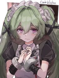  1girl absurdres black_dress black_nails blush character_name closed_mouth commentary_request corin_wickes dress green_hair hair_between_eyes hands_up highres long_hair looking_at_viewer maid maid_headdress metal_wrist_cuffs mirimiri21 screw_hair_ornament solo tears twintails upper_body violet_eyes zenless_zone_zero 
