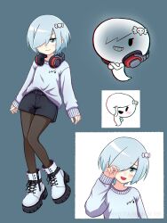  1girl belt black_belt black_pantyhose black_shorts carrie_krueger closed_mouth creature_and_personification full_body grey_background grey_hair hair_ornament hair_over_one_eye headphones headphones_around_neck hetareman highres looking_at_viewer multiple_views pantyhose personification reference_inset shoes short_hair short_shorts shorts sidelocks simple_background skull_hair_ornament smile sweater the_amazing_world_of_gumball twitter_username white_shoes white_sweater 