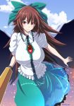  1girl arm_cannon blouse bow breasts brown_hair cape clouds cloudy_sky hair_bow large_breasts long_hair looking_at_viewer red_eyes reiuji_utsuho skirt sky smile solo third_eye touhou twitter_username umasan weapon wings 