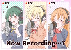  3girls black_jacket blonde_hair brown_cardigan brown_hair cardigan closed_eyes column_lineup commentary_request english_text green_hair hands_on_headphones headphones highres jacket konoe_kanata long_hair long_sleeves love_live! love_live!_nijigasaki_high_school_idol_club medium_hair microphone mifune_shioriko miyashita_ai multiple_girls music neck_ribbon nijigasaki_school_uniform open_clothes open_jacket own_hands_together ponytail pop_filter recording red_cardigan red_eyes red_ribbon ribbon school_uniform short_hair singing sleeves_past_wrists tasogare_seijin winter_uniform yellow_eyes yellow_ribbon zzz 