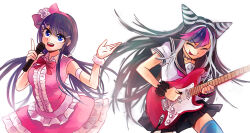  2girls black_hair black_skirt blue_eyes blue_hair blue_sailor_collar blue_streaks bow closed_eyes collared_shirt commentary danganronpa:_trigger_happy_havoc danganronpa_(series) danganronpa_2:_goodbye_despair dress electric_guitar english_commentary eyelashes face_piercing fingerless_gloves gloves guitar hair_bow hair_horns hair_ornament hairband hairclip holding holding_guitar holding_instrument holding_microphone holding_plectrum idol idol_clothes instrument jewelry long_hair maizono_sayaka microphone mioda_ibuki mouth_piercing multicolored_hair multiple_girls multiple_rings music necklace official_alternate_costume open_mouth piercing pink_bow pink_dress pink_hair pink_hairband pink_streaks playing_instrument plectrum potatotop red_bow ring sailor_collar school_uniform scrunchie serafuku shirt short_sleeves simple_background single_fingerless_glove skirt sleeveless sleeveless_dress smile streaked_hair teeth tongue tongue_out upper_teeth_only v-shaped_eyebrows white_background white_hair white_shirt wrist_scrunchie 