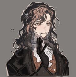  1girl black_coat black_gloves braces brown_eyes brown_hair coat gloves grey_background hand_up ing_(ing205509) long_hair long_sleeves looking_to_the_side reverse:1999 shirt solo teeth tooth_fairy_(reverse:1999) upper_body white_shirt 