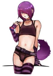  1boy 2n5 bulge earrings fingerless_gloves gloves hair_over_one_eye male_focus mikel-kun navel piercing purple_hair simple_background smile solo striped striped_legwear thigh-highs trap white_background 