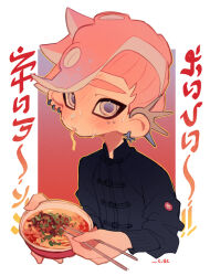  1boy black_jacket border bowl chopsticks ear_piercing food holding holding_chopsticks jacket looking_at_viewer male_focus mohawk noodles octoling octoling_boy octoling_player_character outside_border piercing pink_hair ramen red_background short_hair slurping solo spicy splatoon_(series) suke_81 sweat tentacle_hair upper_body white_border 