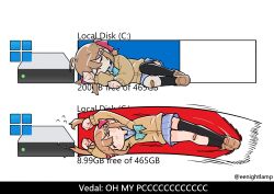  >_< 1girl absurdres ahoge aqua_bow aqua_bowtie arms_up asymmetrical_legwear black_socks black_thighhighs blue_skirt bow bowtie brown_hair brown_shoes cardigan clenched_hands closed_eyes closed_mouth commentary deformed eenightlamp english_commentary english_text hair_ornament hair_ribbon heart heart_hair_ornament highres loafers lying medium_hair meme microsoft_windows miniskirt mismatched_legwear multiple_views neuro-sama oh_my_pc_(meme) on_side red_ribbon ribbon shoes sidelocks single_sock single_thighhigh skirt sleeping smile socks stretching thigh-highs twitter_username two_side_up vedal_ai virtual_youtuber yellow_cardigan 