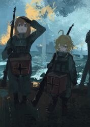  2girls absurdres ahoge arm_up black_boots black_gloves blonde_hair blue_eyes blue_sky boots brown_hair chest_rig child clouds cloudy_sky commentary_request cross day diamond_mouth empty_eyes explosion full_body fur-trimmed_jacket fur_trim gloves green_jacket green_pants gun hair_between_eyes hand_up high_collar high_ponytail highres holding holding_weapon huge_ahoge jacket koukouya long_hair long_sleeves looking_at_viewer looking_down military military_jacket military_uniform military_vehicle multiple_girls ocean one_eye_closed open_mouth outdoors over_shoulder pants ponytail puffy_long_sleeves puffy_sleeves rifle scenery ship sidelocks sitting sky sniper_rifle tanya_degurechaff v-shaped_eyebrows viktoriya_ivanovna_serebryakov warship watercraft weapon weapon_over_shoulder youjo_senki 