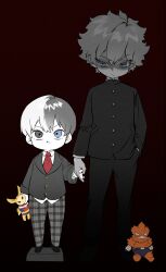  2boys all_might bkg0303 black_jacket black_pants black_shoes blue_eyes boku_no_hero_academia bow brothers child collared_shirt commentary_request endeavor_(boku_no_hero_academia) frown furrowed_brow gakuran gold_buttons grey_eyes grey_hair hair_between_eyes hand_in_pocket heterochromia highres holding holding_hands holding_toy jacket korean_commentary male_focus multicolored_hair multiple_boys necktie pants red_background red_necktie school_uniform shirt shoes short_hair siblings suit_jacket todoroki_shoto todoroki_touya toy two-tone_hair unfinished white_hair white_shirt 