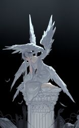  1boy angel angel_wings black_streaks broken_pillar dgtglfhpsj disembodied_hand feathered_wings full_body highres kneeling library_of_ruina male_focus multicolored_hair multiple_wings pillar project_moon seraph side_ponytail simple_background solo streaked_hair tunic white_tunic white_wings wings yan_vismok 