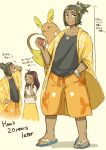  1boy 1girl 7c_(nanasi7c) alolan_raichu animal animal_on_shoulder arm_behind_head bangs_pinned_back dark_skin dark_skinned_male english green_hair hand_in_pocket hau_(pokemon) holding holding_poke_ball mother_(pokemon) older poke_ball pokemon pokemon_(creature) pokemon_(game) pokemon_sm raichu sandals shirt shorts simple_background smile sunglasses sunglasses_on_head t-shirt tan_background 