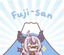  1girl ahoge black_dress blush_stickers braid braided_bangs chibi closed_eyes commentary_request demon_horns dress fake_facial_hair fake_mustache grey_hair highres hololive horns la+_darknesss la+_darknesss_(1st_costume) long_hair mitarashi_neko mount_fuji multicolored_hair polka_dot polka_dot_background purple_hair solo sparkle streaked_hair sunburst sunburst_background upper_body very_long_hair virtual_youtuber 