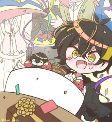  5boys :d amano_mashiro birthday birthday_cake black_gloves black_hair black_jacket blush cake commentary_request fang food formal_clothes fruit gift gloves griffin_stewart happy_birthday head_out_of_frame highres jacket kobayashi_luca kuchinashi_dabi male_focus multiple_boys no_sclera nue_susk oshi_no_taisetsuna_hito_ni_narikawaru short_hair smile solo_focus strawberry streamers tonimura_yui yellow_eyes 