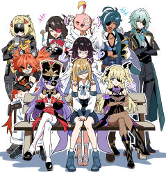  +++ 2boys 6+girls ^_^ absurdres ahoge anaxa_(honkai:_star_rail) animal_ears antenna_hair aqua_hair armlet bandages bandages_over_eyes bear_ears beidou_(genshin_impact) belt belt_pouch bench bird black_boots black_gloves black_hair black_hat black_jacket black_necktie black_pants black_shirt black_shoes black_sleeves blindfold_mask blonde_hair blue_boots blue_cape blue_hair blue_ribbon blue_shorts blue_vest blunt_bangs bodystocking boots bow bowtie brooch brown_belt brown_hair cacucu_(genshin_impact) cape chevreuse_(genshin_impact) china_dress chinese_clothes cleavage_cutout closed_eyes closed_mouth clothing_cutout collared_shirt columbina_(genshin_impact) commentary covered_eyes crop_top crossed_arms crossed_bangs crossed_legs dark-skinned_male dark_skin detached_collar detached_sleeves double-parted_bangs dress earmuffs earmuffs_around_neck earrings elbow_gloves english_commentary eye_mask eyepatch fake_animal_ears feathered_wings fischl_(genshin_impact) flame_print fur-trimmed_cape fur_trim genshin_impact glory_(genshin_impact) gloves gold_trim gradient_hair green_eyes grin hair_between_eyes hair_intakes hair_ornament hair_over_shoulder hair_ribbon hair_stick hands_on_another's_shoulders hat head_wings high_heel_boots high_heels highres honkai:_star_rail honkai_(series) jacket jewelry juliet_sleeves jumpsuit jumpsuit_around_waist kaeya_(genshin_impact) kiyokezo koleda_belobog lapels latex latex_pants long_hair long_sleeves low_ponytail low_twintails mask medical_eyepatch mihoyo multicolored_hair multiple_boys multiple_girls multiple_wings neck_ribbon necktie on_bench one_eye_covered open_clothes open_jacket open_mouth outline pants parted_bangs ponytail pouch print_shirt puffy_sleeves purple_bow purple_bowtie purple_hair red_dress red_eyes red_hair ribbon shadow shako_cap sharp_teeth shirt shoes short_necktie short_shorts short_sleeves shorts sidelocks simple_background single_earring sitting sleeve_cuffs sleeveless sleeveless_dress sleeveless_shirt smile smirk socks split_mouth standing straight_hair strapless strapless_dress streaked_hair tassel tassel_earrings teeth thigh_boots thigh_strap three-quarter_sleeves trigger_(zenless_zone_zero) twintails two_side_up u_u v-shaped_eyebrows very_long_hair vest violet_eyes white_background white_boots white_dress white_gloves white_jumpsuit white_mask white_outline white_ribbon white_shirt white_sleeves white_socks white_streaks wide_sleeves wing_collar wings zenless_zone_zero 