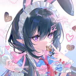  1girl animal_ears apron black_hair blue_dress blush bow checkerboard_cookie chocolate collared_shirt cookie dress food food_in_mouth frilled_apron frills hair_between_eyes hair_bow hair_ornament hairclip heart holding holding_food icing long_hair looking_at_viewer maid maid_headdress n1xiangsondao nail_polish necktie original pastry_bag pink_bow pink_nails pointy_ears portrait rabbit_ears red_necktie shirt short_sleeves solo sparkle upper_body violet_eyes white_apron wrist_cuffs 