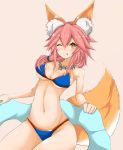  1girl animal_ears bikini blue_bikini blush breasts cleavage fate/extra fate/grand_order fate_(series) fox_ears fox_tail large_breasts long_hair looking_at_viewer navel pink_hair ryou_(619-619) solo swimsuit tail tamamo_(fate)_(all) tamamo_no_mae_(swimsuit_lancer)_(fate) tongue tongue_out yellow_eyes 