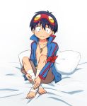  1boy bandage barefoot bed blush looking_at_viewer male_focus shota simon solo tagme tengen_toppa_gurren_lagann 