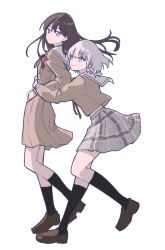  2girls bang_dream! bang_dream!_it's_mygo!!!!! black_socks blue_eyes brown_dress brown_hair brown_shirt brown_shoes closed_mouth commentary dress floating_hair full_body grey_skirt hanasakigawa_school_uniform heterochromia highres hug hug_from_behind kaname_raana kneehighs loafers long_hair long_sleeves midriff_peek mole mole_under_eye multiple_girls plaid_clothes plaid_skirt pleated_dress pleated_skirt pokoroo09637184 sailor_collar sailor_dress school_uniform shiina_taki shirt shoes simple_background skirt socks violet_eyes white_background white_hair white_sailor_collar yellow_eyes yuri 