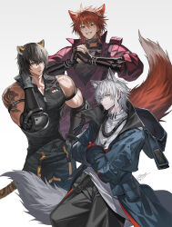  3boys animal_ears aosta_(arknights) arknights arm_strap arm_tattoo broca_(arknights) chiave_(arknights) coat covered_pectorals crossed_arms fist_bump fox_ears fox_tail gloves hand_on_own_neck highres jacket large_pectorals male_focus multiple_boys muscular own_hands_together pectorals red_eyes shirt sleeveless slit_pupils tail tattoo taut_clothes taut_shirt tiger_boy tiger_ears tiger_tail upper_body white_background wolf_ears wolf_tail yellow_eyes zerg_(z79438659) 