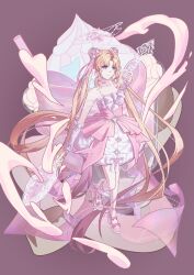  1girl absurdly_long_hair absurdres arm_bow arm_warmers bare_shoulders bead_necklace beads blonde_hair bow bubble_skirt chinese_commentary closed_mouth commentary_request double_bun dreamtime_bestowed_(infinity_nikki) dress dress_bow eyelashes food food-themed_background footwear_bow frilled_arm_warmers frills full_body hair_bow hair_bun hair_ornament hair_ribbon happy heart heart_hair_ornament high_heels highres holding holding_behind_back holding_spoon ice_cream icing infinity_nikki jewelry layered_dress leg_ribbon leg_up long_hair multicolored_shoes neck_ribbon necklace nikki_(series) oversized_object parted_bangs pink_bow pink_dress pink_ribbon pink_shoes pumps purple_background ribbon shoes short_dress skirt sleeveless sleeveless_dress smile solo spaghetti_strap spoon standing twintails two-tone_dress two-tone_shoes unumu very_long_hair violet_eyes white_arm_warmers white_bow white_dress white_shoes wrist_bow 