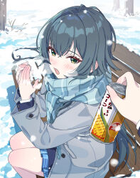  1girl 1other bench blue_scarf blush breathing_on_hands can coat cold commentary_request ezo_egg gakuen_idolmaster green_eyes green_hair grey_coat highres holding holding_can idolmaster long_hair long_sleeves looking_at_viewer open_mouth outdoors park_bench plaid_clothes plaid_scarf pleated_skirt pov pov_hands scarf sitting skirt snow snowing solo_focus tsukimura_temari winter wooden_bench 