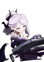  1girl absurdres blue_archive blush breasts commentary_request demon_girl demon_horns demon_wings dress earrings elbow_gloves gloves highres hina_(blue_archive) horns instrument jewelry low_wings music necklace pendant piano playing_instrument playing_piano purple_dress simple_background sitting small_breasts solo user_pnae7233 violet_eyes white_background white_hair wings 