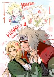  1boy 1girl before_and_after blonde_hair blush commentary height_difference highres holding_hands japanese_clothes jiraiya_(naruto) kimono looking_at_another mature_female mature_male mine00451 naruto_(series) open_clothes open_kimono spiky_hair tall_male tsunade_(naruto) untranslatable_commentary white_hair 