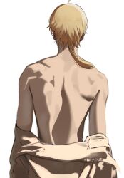  1boy ahoge back back_focus back_muscles blonde_hair clothes_down from_behind highres kaoru_puripuri low_ponytail male_focus mushoku_tensei ponytail rudeus_greyrat short_hair simple_background solo standing toned toned_male undressing upper_body white_background 
