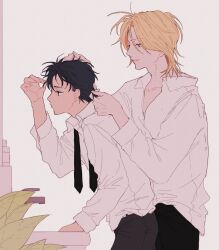  2boys a_co_pi arm_up ash_lynx banana_fish black_hair black_necktie black_pants blonde_hair blue_eyes brown_eyes closed_mouth collared_shirt commentary_request faucet hands_in_another's_hair leaning_forward long_sleeves male_focus medium_hair multiple_boys necktie okumura_eiji open_collar pants shirt shirt_tucked_in short_hair simple_background sink smile standing undone_necktie white_background white_shirt wing_collar 