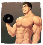  1boy abs bara black_hair male_focus muscle pecs solo sweat teeth topless weight weights winemvee workout 