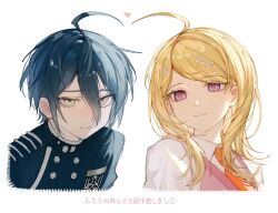  1boy 1girl ahoge akamatsu_kaede black_hair black_jacket blonde_hair buttons collared_shirt commentary danganronpa_(series) danganronpa_v3:_killing_harmony deep_(deep4946) hair_between_eyes hair_ornament highres jacket long_hair long_sleeves looking_at_viewer musical_note musical_note_hair_ornament necktie pink_sweater_vest saihara_shuichi shirt short_hair smile sweater_vest translation_request untranslatable_commentary vest white_shirt 