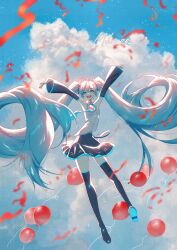  1girl \o/ absurdres arms_up balloon bare_shoulders commentary detached_sleeves green_eyes green_hair hatsune_miku highres open_mouth outstretched_arms sky sleeveless smile tori_von vocaloid 