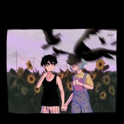  2boys antenna_hair artist_name bandaid bandaid_on_arm bandaid_on_cheek bandaid_on_face bandaid_on_hand basil_(headspace)_(omori) basil_(omori) black_eyes black_hair black_tank_top blue_overalls closed_mouth collarbone colored_skin commentary double-parted_bangs english_commentary flower green_hair green_shirt hair_between_eyes highres holding_hands looking_at_another male_focus multiple_boys omori omori_(omori) open_mouth overall_shorts overalls power_lines shirt short_hair shorts sidelocks striped_clothes striped_shorts sunflower t-shirt tank_top teatya teeth upper_teeth_only vertical-striped_clothes vertical-striped_shorts white_shorts white_skin 