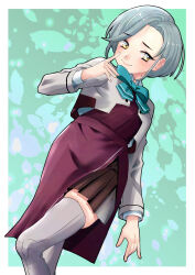  1girl aqua_bow aqua_bowtie blazer bow bowtie commentary_request dress feet_out_of_frame grey_hair grey_thighhighs halter_dress halterneck highres jacket kantai_collection looking_at_viewer mole mole_on_neck nekotarou_(nktr299) purple_dress short_hair side_slit solo swept_bangs tamanami_(kancolle) tamanami_kai_ni_(kancolle) thigh-highs white_jacket yellow_eyes 