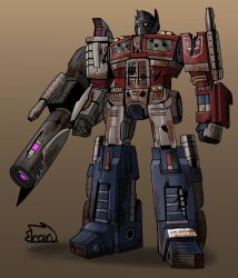  arm_cannon autobot battle_damage bullet_hole cannon commentary cybertron english_commentary highres how_do_you_feel_about_going_on_the_offensive?_(transformers) insignia machine mecha optimus_prime robot rust science_fiction shan_4rt smokestack transformers weapon wheel yellow_eyes 