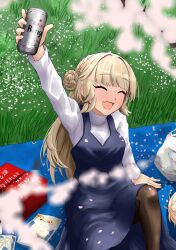  1girl beer_can black_pantyhose blonde_hair blue_dress blunt_bangs box braid braided_bun can dress drink_can drunk fang feet_out_of_frame grass hair_bun highres kantai_collection long_hair nekotarou_(nktr299) open_mouth pantyhose ranger_(kancolle) sitting skin_fang smile solo sweater white_sweater 
