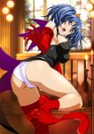  00s 1girl ass back bare_shoulders bashoku_youjou blue_hair blush breasts feet female hair_ornament ikkitousen large_breasts legs looking_at_viewer looking_back no_shoes open_mouth short_twintails sideboob solo thigh-highs twintails violet_eyes 