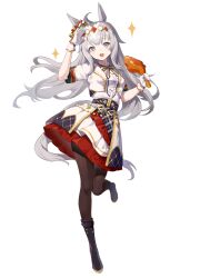 1girl absurdres ahoge animal_ears black_boots blue_eyes blush boots bow bowtie center_frills chicken_(food) chicken_leg commentary_request food frills full_body gloves grey_hair grey_tail hair_ornament highres horse_ears horse_girl horse_tail jacket long_hair looking_at_viewer multicolored_bow multicolored_bowtie multicolored_ribbon official_alternate_costume oguri_cap_(ashen_miracle)_(umamusume) oguri_cap_(umamusume) open_mouth ribbon shirt short_sleeves simple_background smile solo tail turkey_(food) umamusume white_background white_gloves white_jacket white_shirt wufaxianshi_cnd 