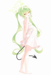  1girl :d absurdres alternate_costume arms_behind_back artist_logo bare_arms bare_shoulders barefoot blue_archive brown_pupils commentary curled_fingers dated demon_tail dot_nose double-parted_bangs dress fang from_side full_body green_hair green_halo hair_between_eyes halo highres kuma_mudi logo long_hair looking_at_viewer looking_to_the_side multi-source_commentary nozomi_(blue_archive) open_mouth orange_eyes pointy_ears short_dress sidelocks simple_background skin_fang sleeveless sleeveless_dress smile solo standing sundress tail turning_head twintails untranslatable_commentary very_long_hair white_background white_dress 