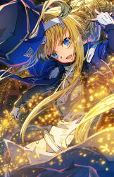  1girl absurdres alice_zuberg belt blonde_hair blue_eyes blue_hat blue_jacket breasts commentary_request dated_commentary floating_hair fragrant_olive_sword gloves glowing glowing_sword glowing_weapon hair_between_eyes hairband hat highres holding holding_sword holding_weapon jacket long_hair long_sidelocks long_sleeves looking_at_viewer lower_teeth_only oboro_neko official_alternate_costume open_mouth osmanthus_blade sidelocks small_breasts solo sword sword_art_online sword_art_online:_unital_ring teeth upper_body v-shaped_eyebrows weapon white_belt white_gloves white_hairband white_jacket 