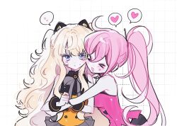  >_< 2girls animal_ears blonde_hair blue_eyes cat_ears cheong_(nept1211) closed_eyes colored_eyelashes facial_mark gloves grid_background heart hug hug_from_side long_hair looking_at_another looking_to_the_side multiple_girls neck_ribbon open_mouth parted_lips ponytail power_symbol ribbon seeu shirt sleeveless sleeveless_shirt smile spoken_heart spoken_sweatdrop star_(symbol) star_facial_mark sweat sweatdrop two_side_up uni_(vocaloid) very_long_hair vocaloid wrist_cuffs 