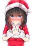  1girl absurdres black_hair blue_eyes blush breasts capelet cleavage commentary_request gloves go-1 hat highres idolmaster idolmaster_cinderella_girls long_hair looking_at_viewer sagisawa_fumika santa_costume santa_hat simple_background solo white_background white_gloves 