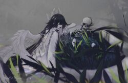  1girl angel_wings artist_name bare_shoulders bath black_hair bow closed_eyes columbina_(genshin_impact) dress eye_mask genshin_impact grass hair_ornament head_wings highres kneeling long_hair mask multicolored_hair multiple_wings purple_hair purple_streaks ribbon sitting skeleton skull smile solo streaked_hair two-tone_hair very_long_hair white_bow white_dress white_wings wing_hair_ornament wings wrist_bow x-shaped_eyewear yumicowyvern 
